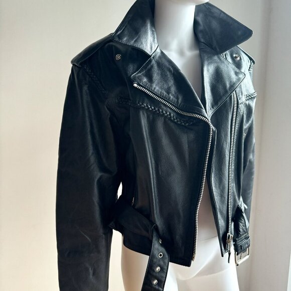 Vintage Black Leather Braided Detail Motorcycle Jacket M/L - Picture 3 of 10